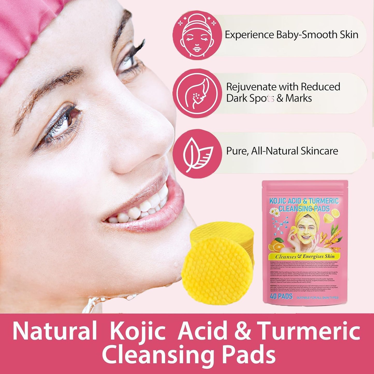 eveloria Turmeric Kojic Acid Cleansing Pads, Vitamin B5, Vitamin C Helps Balance Skin, 40 Sugar Turmeric Cleansing Pads for Face