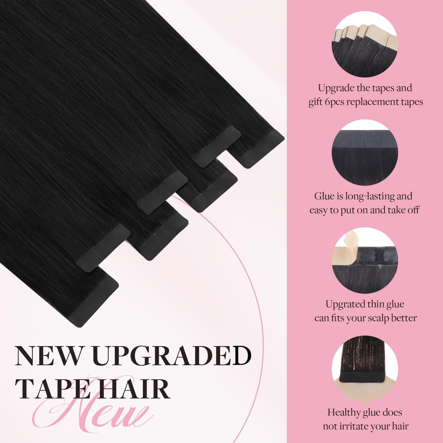 MAXITA Tape in Hair Extensions Human Hair 1B Natural Black 24 Inch 30g 10pcs Thick Ends Remy Human Hair Seamless Straight Human Hair Extensions Invisible Tape in Hair Extensions Human Hair