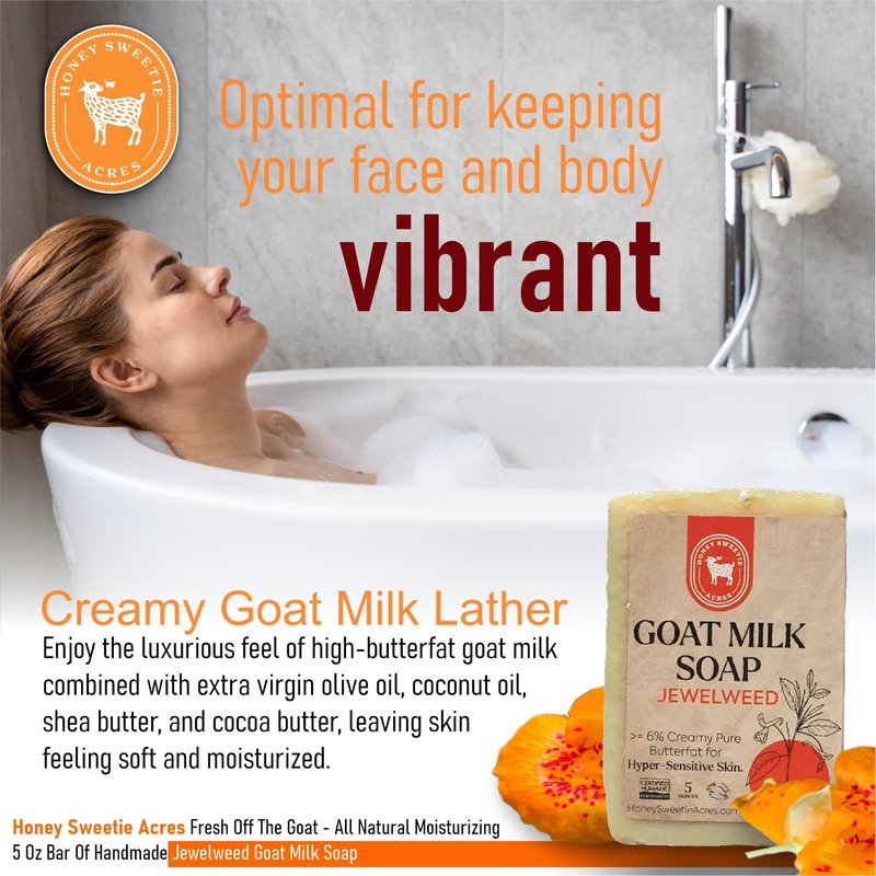 Honey Sweetie Acres Fresh Off The Goat All Natural Moisturizing 5 Oz Bar Of Handmade Jewelweed Goat Milk Soap - Made in USA