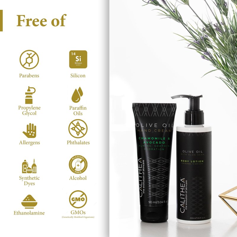 Calithea Hydrating Body & Hand Lotion Set - Aloe Vera, Chamomile & Avocado Moisturizing Gift Set for Dry Skin, Softening & Nourishing 96.4% Natural Content (7.05 Fl Oz & 3.04 Fl Oz)