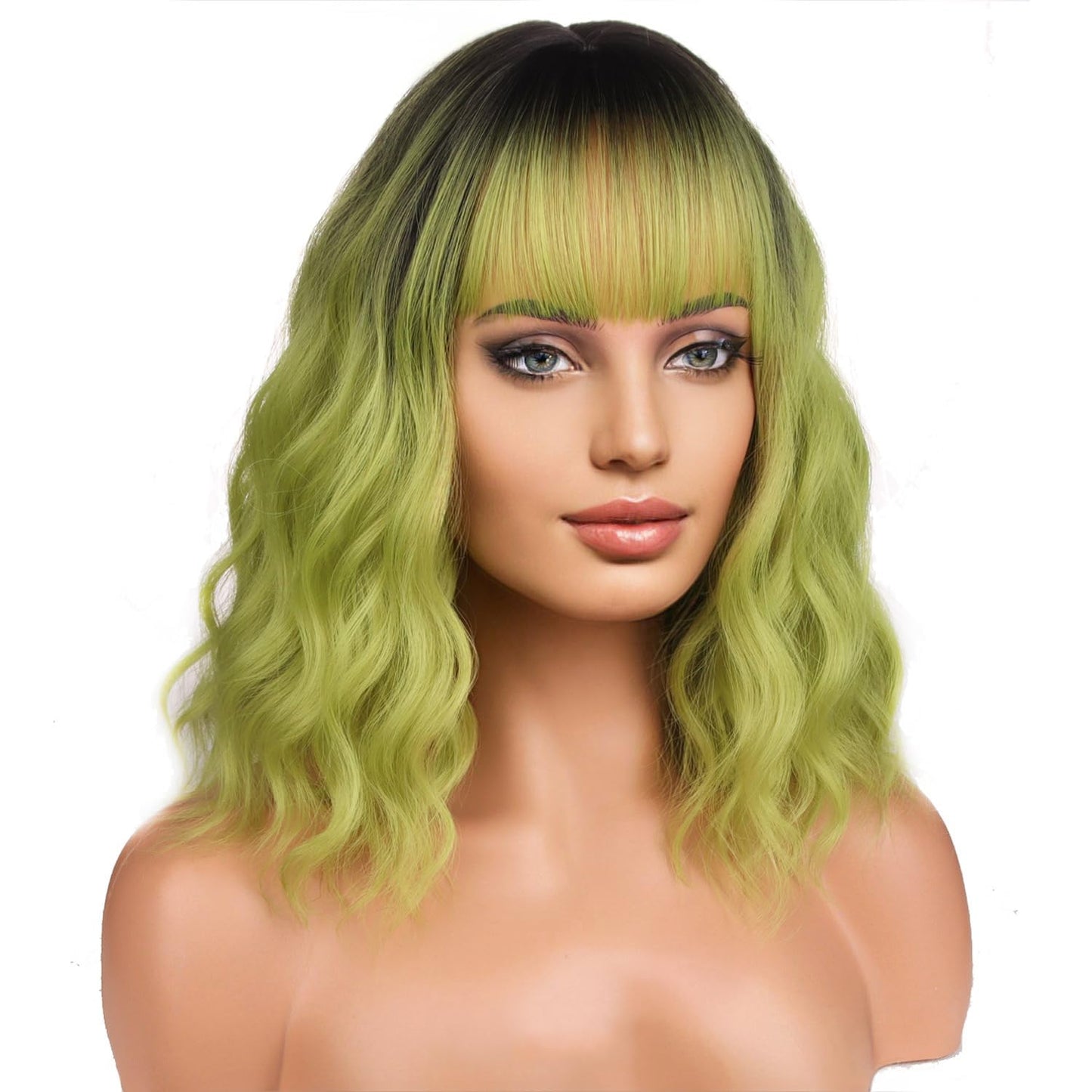 BERON 14 Inches Green Wig with Dark Roots Short Curly Wig Ombre Green Wigs with Bangs for Women Girls
