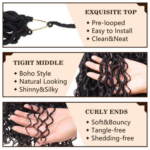 COOKOO Natural Black Goddess Locs Crochet Hair 12 Inch 8 Packs Pre-looped Faux Locs Crochet Hair for Black Women Short River Locs Crochet Hair with Curly Ends Bohemian Locs Crochet Braids Hair 1B#