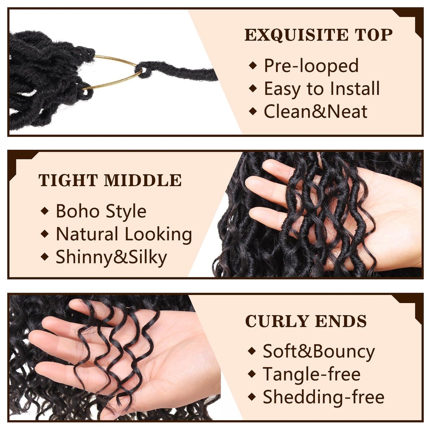 COOKOO 18 Inch 8 Packs (14 Stands/Pcs) Pre-looped Crochet Goddess Locs with Curly Ends Jet black Soft Faux Locs Wavy Crochet Braiding Hair Pre Curled Goddess bohemian Locs Crochet Hair for Women