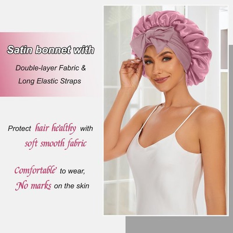 Satin Silk Bonnet Hair Bonnet for Sleeping Jumbo Sleep Cap, Black Bonnet for Women Curly Hair, Double Layer Bonnet with Tie Band Shower Cap