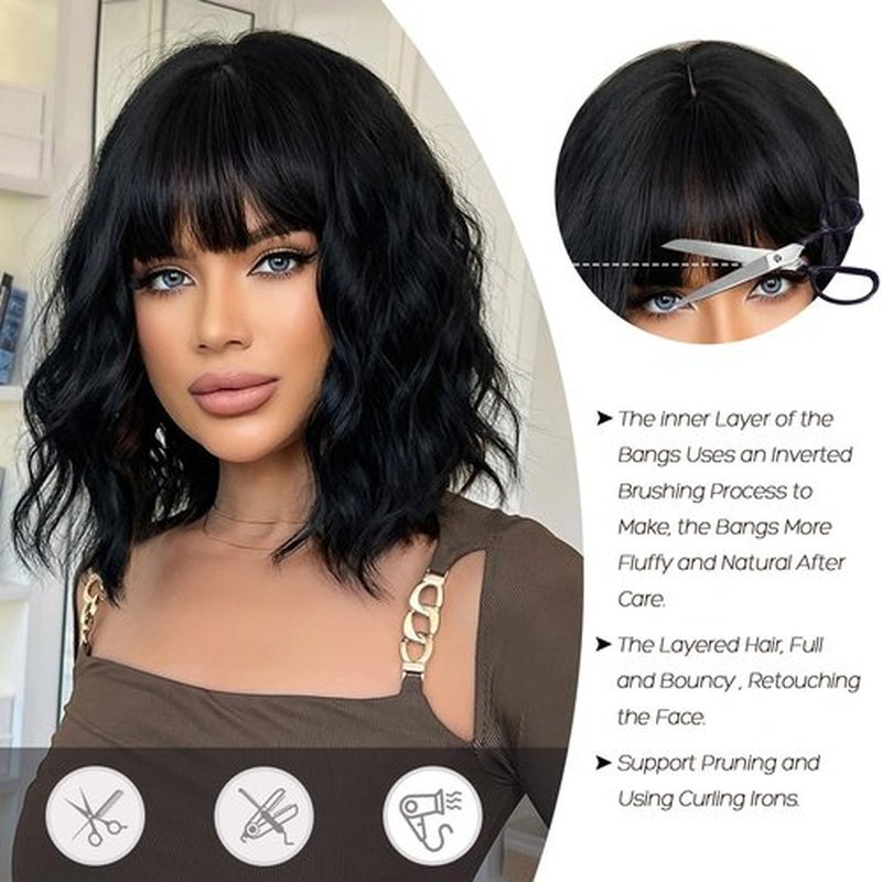 Allbell Black Wigs for Women Short Wavy Bob Wig with Bangs for Women Synthetic Short Curly Wave Wigs Heat Resistant Fiber Hair Wigs for Daily