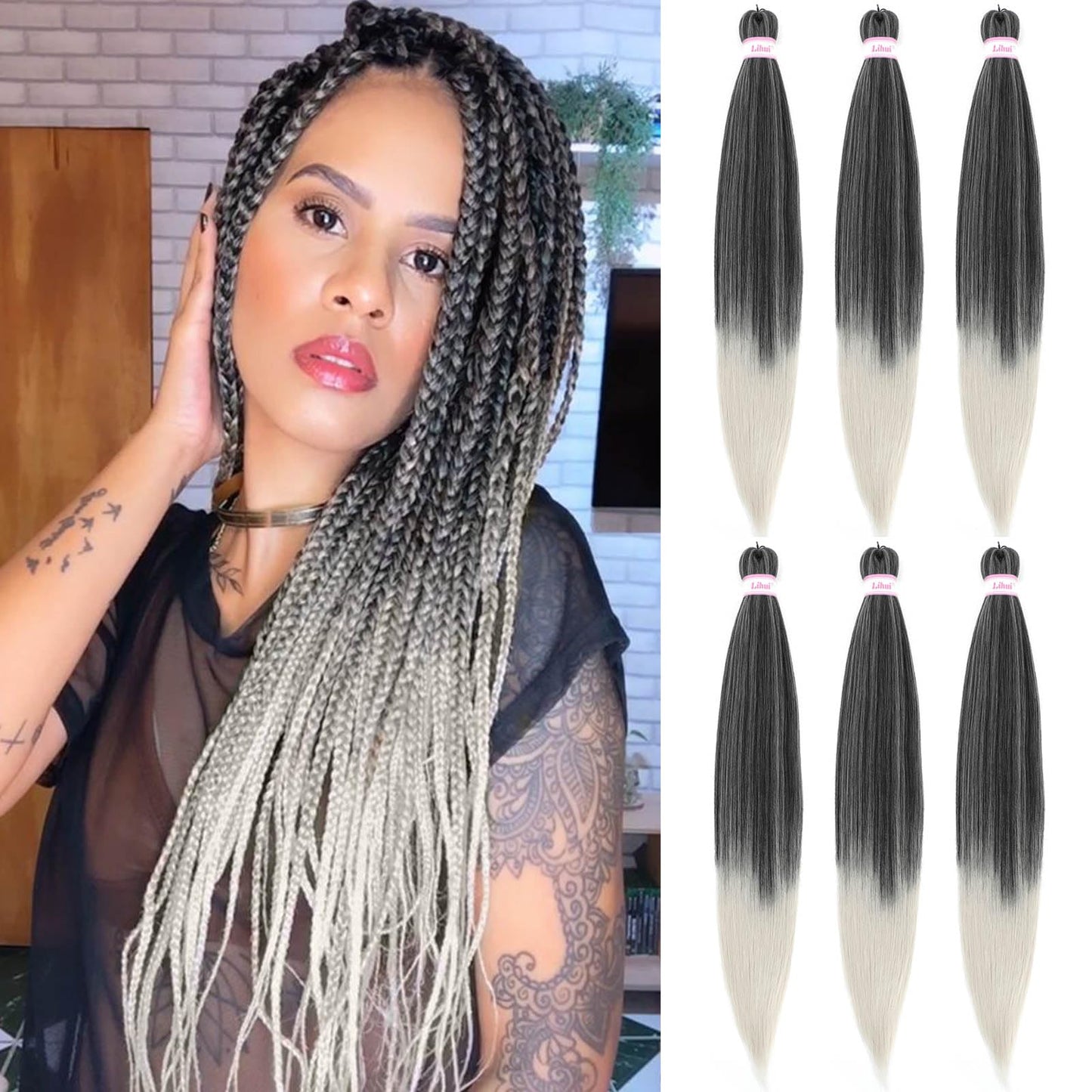 32 Inch Pre Stretched Braiding Hair Ombre Grey Long Crochet Braid Hair Yaki Braiding Hair Pre Stretched Hot Water Set Synthetic Braids(1B/Grey, 6packs, 32inch)
