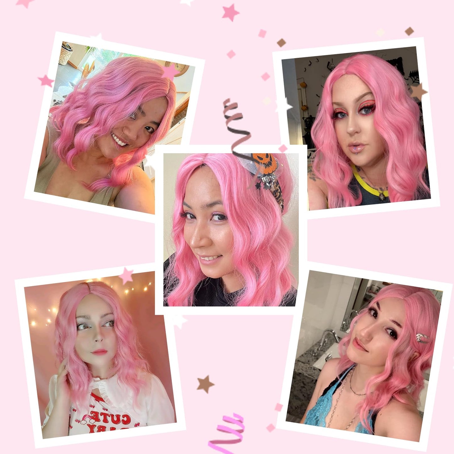 BEAUTIFA Pink Wig for Women Wavy Curly Light Pink Bob Wigs Middle Part 14 Inch Shoulder Length Heat Resistant Synthetic Colorful Wig