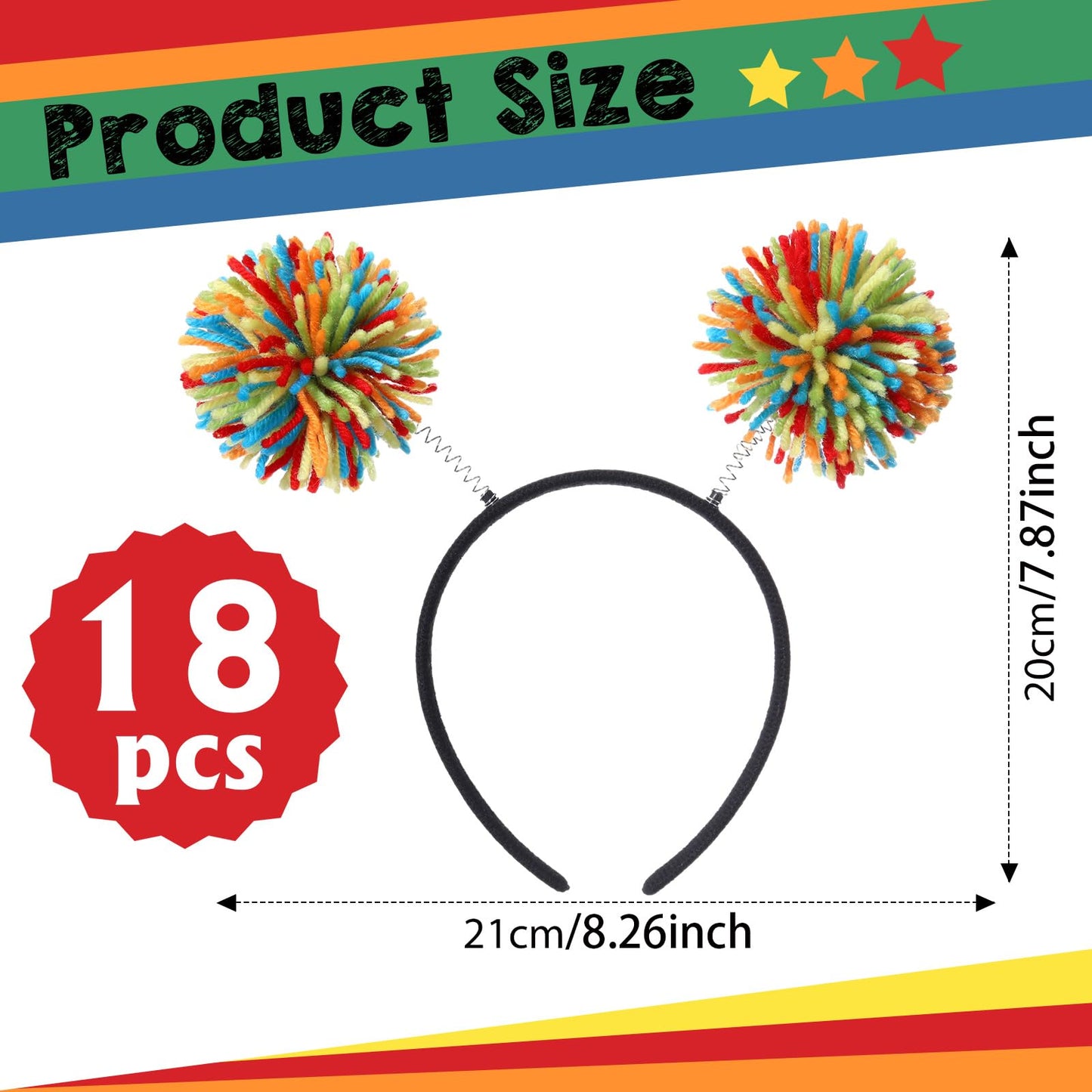 Censen 18 Pcs Valentines Day Pom Pom Headband Head Bopper Wrapped Funny Headband Birthday Halloween Party Headwear for Women Adult Accessory(Rainbow)