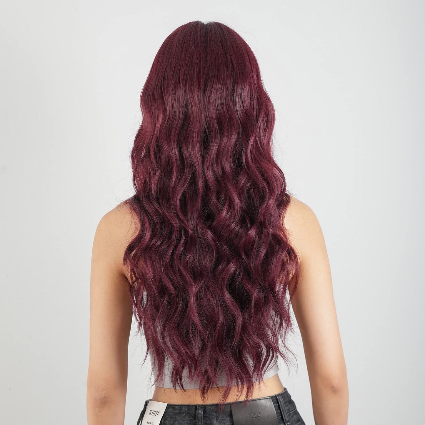 ISHINE Burgundy Red Wigs for Women Wig with Bangs, Long Wavy Wigs Natural Looking Synthetic Hair Replacement Wigs for Daily Cosplay Party Halloween Costume 24 inch