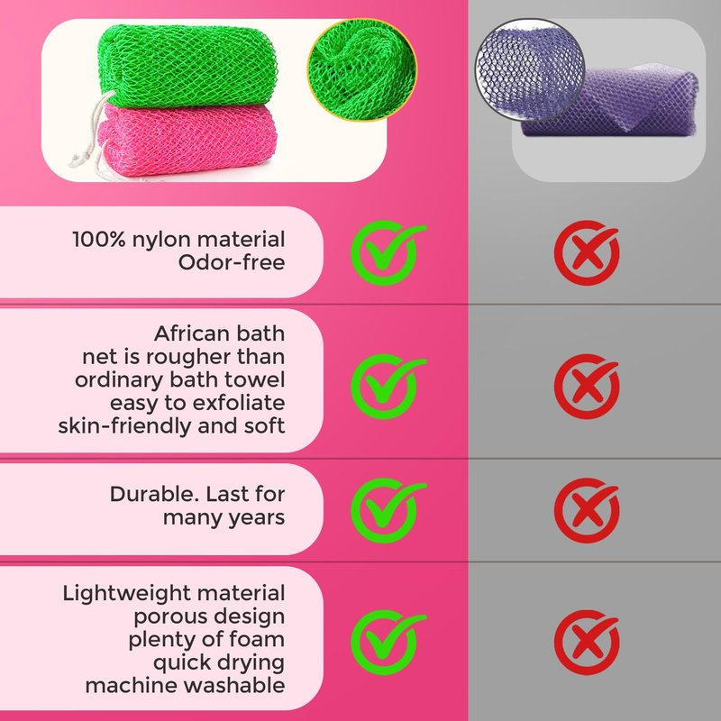 2 Pieces African Net Sponge Authentic, Durable Back Scrubber Washcloth for Shower, Exfoliating Net Sponge for All Skin, Bathing Accessories for Women (Pink and Green)