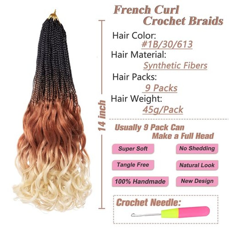 RuiYok 9 Packs French Curl Crochet Braids 14 Inch Ombre Brown Blonde Bohemian Goddess Box Braids Hair with Curly Ends Pre Looped Bouncy French Curly Braiding Hair for Women
