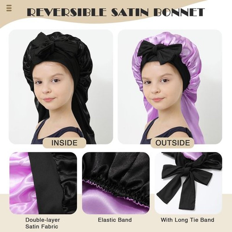 Kids Long Hair Bonnet for Sleeping - Double Layer Girls Elastic Satin Bonnet with Tie Band for Braid Curly Hair (Black+Purple)