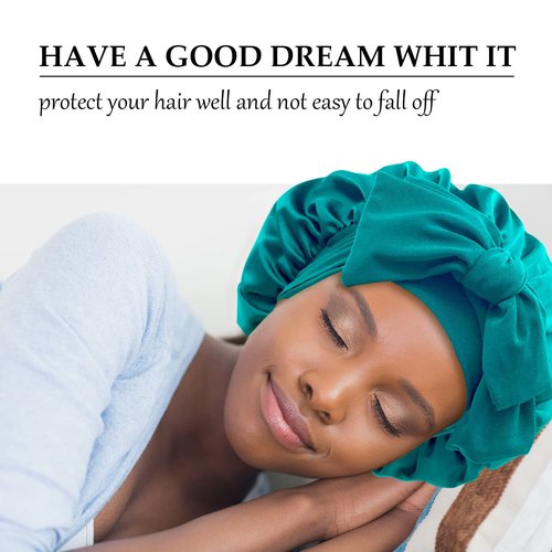 Satin Bonnet Silk Bonnet Hair Bonnet for Sleeping Large Bonnets with Tie Band Hair Wrap with Adjustable Straps Hair Cap Night Sleep Caps for Women Curly Braid Hair(Black,Dark Turquoise)