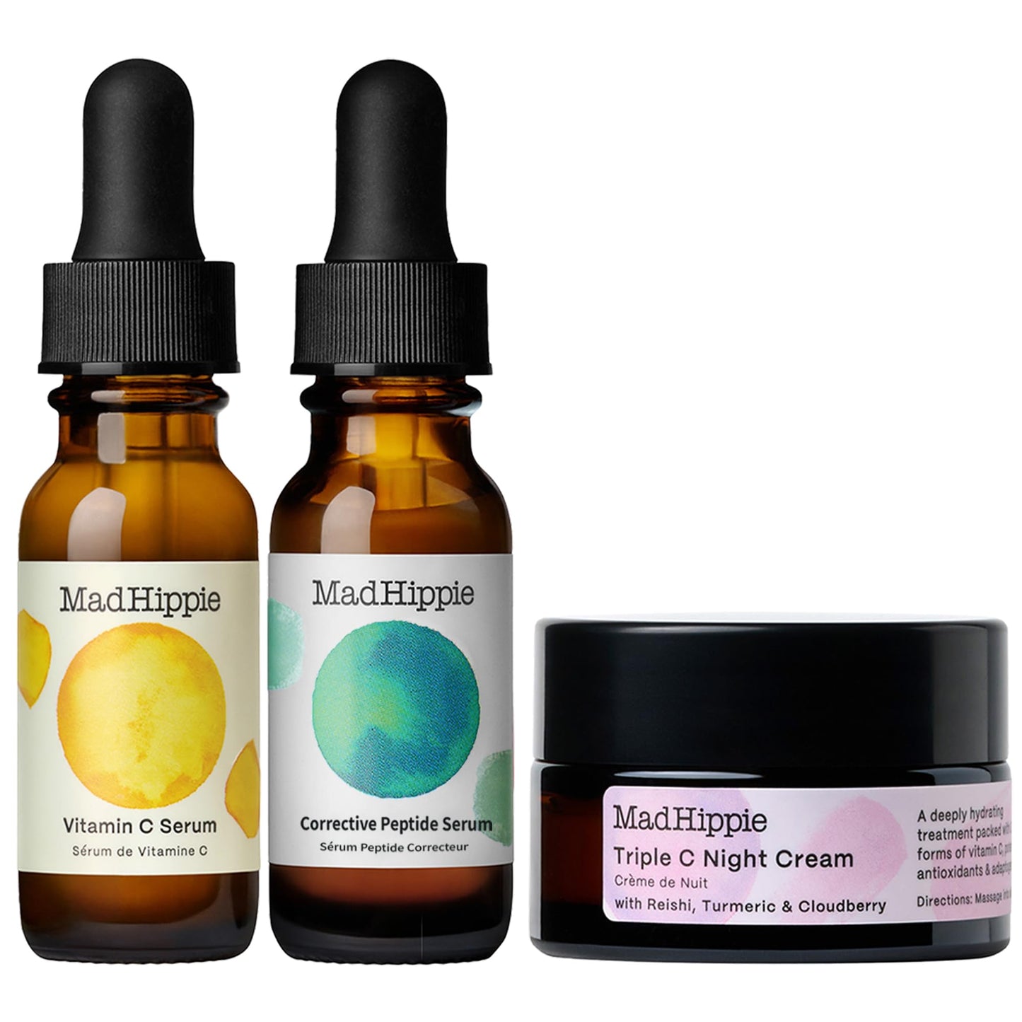 Mad Hippie Holiday Bag, Skin Care Travel Set – Vitamin C Serum, Corrective Peptide Serum, Triple C Night Cream (0.5 Oz Ea) + 3 Assorted Sachets, Gifts for Women (7 Piece Set)