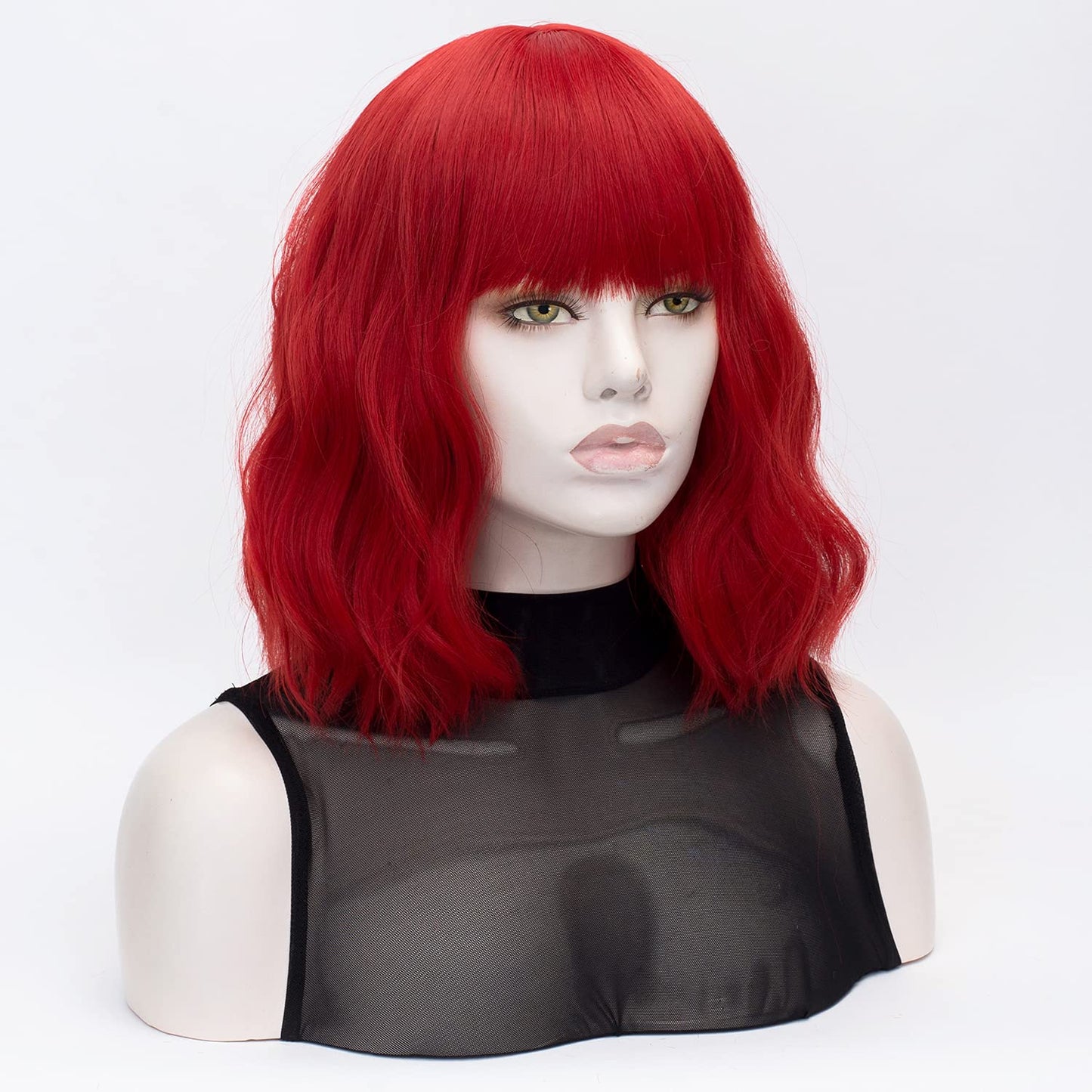 QACCF Short Wavy Shoulder Length Women Full Bang Heat Resistant Wig (Red)