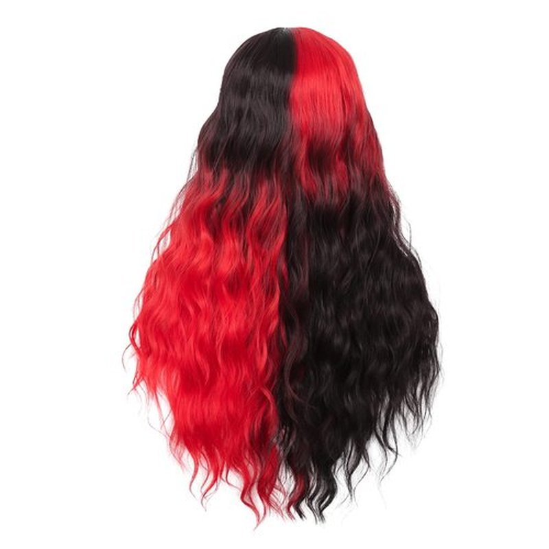 Swiking Half Red Half Black Wigs for Women Long Curly Wave Synthetic Hair Natural Heat Resistant Full Wig for Daily Party Cosplay Halloween(Ombre Red)