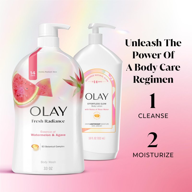 Olay Body Wash for Women, Fresh Radiance, Refreshing & Renewing, Made with Plant Based Cleansers, B3 Botanical Complex, For All Skin Types, Watermelon & Agave Scent, 33 fl oz (Pack of 4)