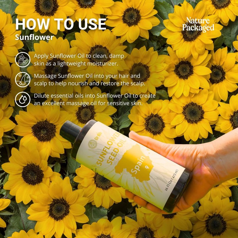 Nature Packaged Sunflower Carrier Oil (1Gal) - Direct from EIR Oils' Farmland in the Sunny Fields of Spain - 100% Pure Carrier Oil for Hair, Face, and Skin