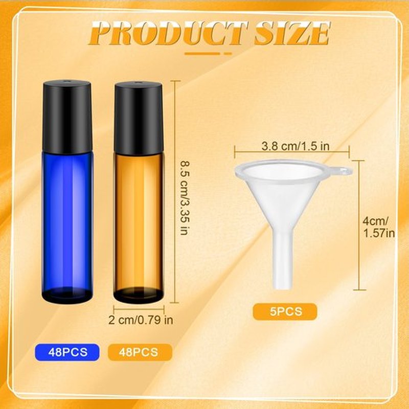 SEEWEY 96 Pcs Essential Oil Roller Bottles 10ml Empty Glass Roller Bottles with Stainless Steel Roller Balls Protection Leakproof with 5 Funnel for Travel Perfume Lip Gloss (Amber, Blue)