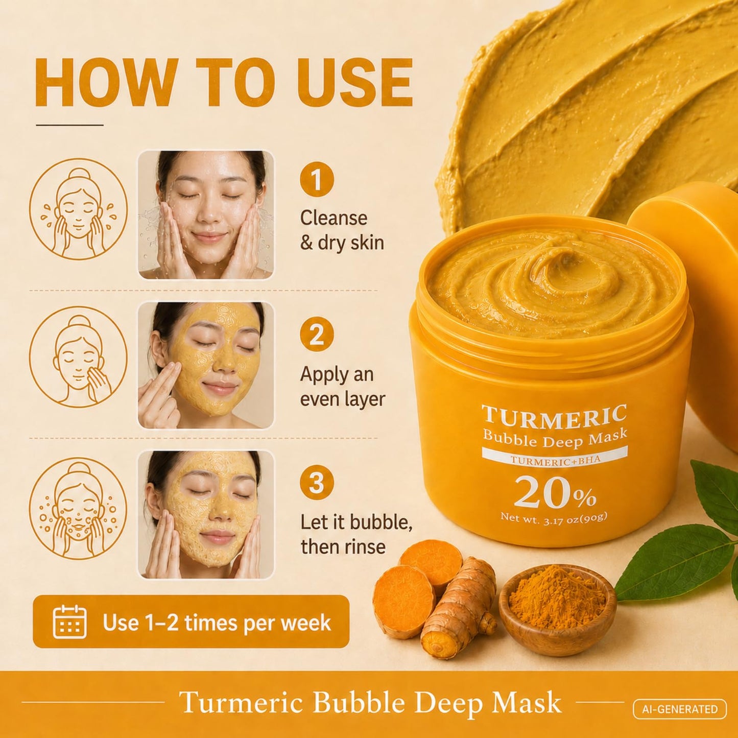 Turmeric Bubble Deep Mask - Oxygenating Clay Mask for Smoothing Skin, Helps Refine Look of Pores, Skin Balancing Facial Care(90g / 3.17 oz) (Turmeric)