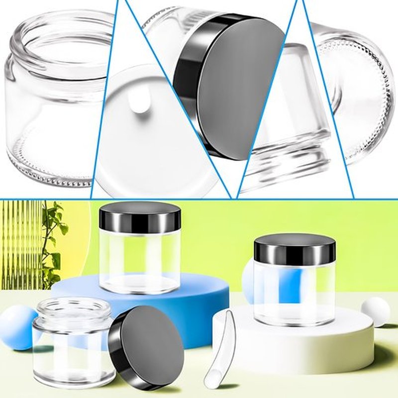 MotBach 4 Pack 2 oz Glass Jars with Lids 60ml Mini Round Clear Glass Jars with Inner Liners and Spatulas, Travel Size Containers Jars for Toiletries Creams Makeup Cosmetic Sample Lotion (Black Lid)