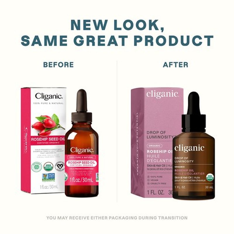 Cliganic Organic Rosehip Seed Oil for Face, 100% Pure | Natural Cold Pressed Unrefined Non-GMO | Carrier Oil for Skin, Hair & Nails (Packaging May Vary)