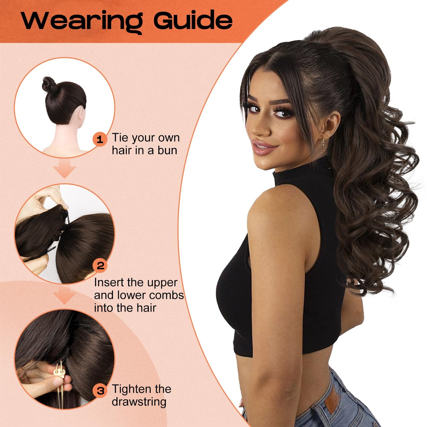SEIKEA Ponytail Extension, 22" Long Wavy Curly Drawstring Ponytail Multi-layered Fluffy Thick Clip in Hair Extensions Ponytail Natural Soft Synthetic Hairpiece Dark Chocolate Brown