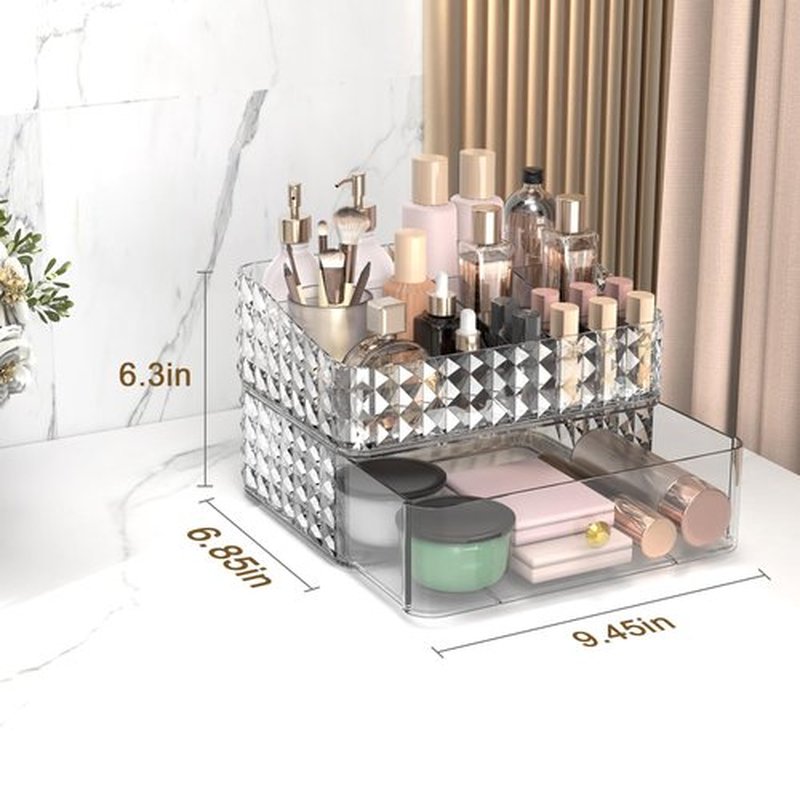 Rosoenvi Makeup Organizer for Vanity, Stackable Cosmetics Organizer and Storage, Cosmetic Display Cases with 1 Drawers and 1 Tray for Makeup Brush, Hair Accessories, Lipstick and Jewelry, Clear