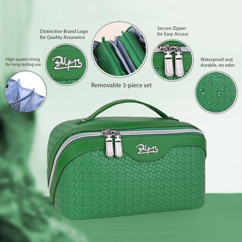 Travel Makeup Bags Cosmetic Organizer Bag: Large Capacity Make up Bag Set of 3 - Vegan Leather Woven Toiletry Bag for Women - Portable Makeup Organizer with Compartments & Handle & Divider Green