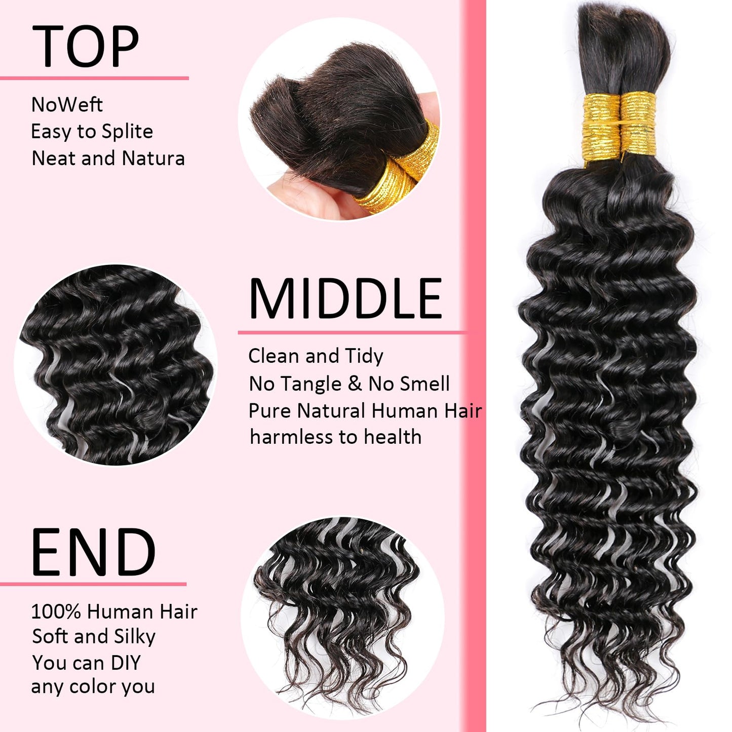 Deep Wave Bulk Human Braiding Hair 26 Inch 50g 1 Bundle/Pack No Weft Human Hair Bundles for Braiding 100 Percent Human Hair Deep Curly Braiding Hair for Boho Braids Natural Color