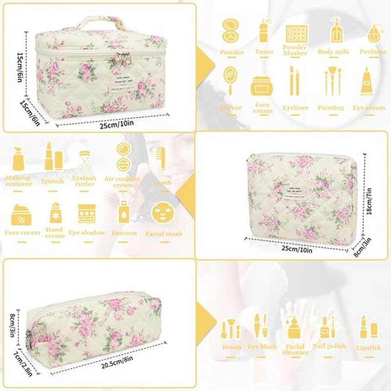 Makeup Bag Set, Quilted Makeup Bag, Large Floral Cosmetic Bag for Women, Cute Cotton Makeup Bags, Flower Travel Toiletry Organizer Bag (Pink Floer)