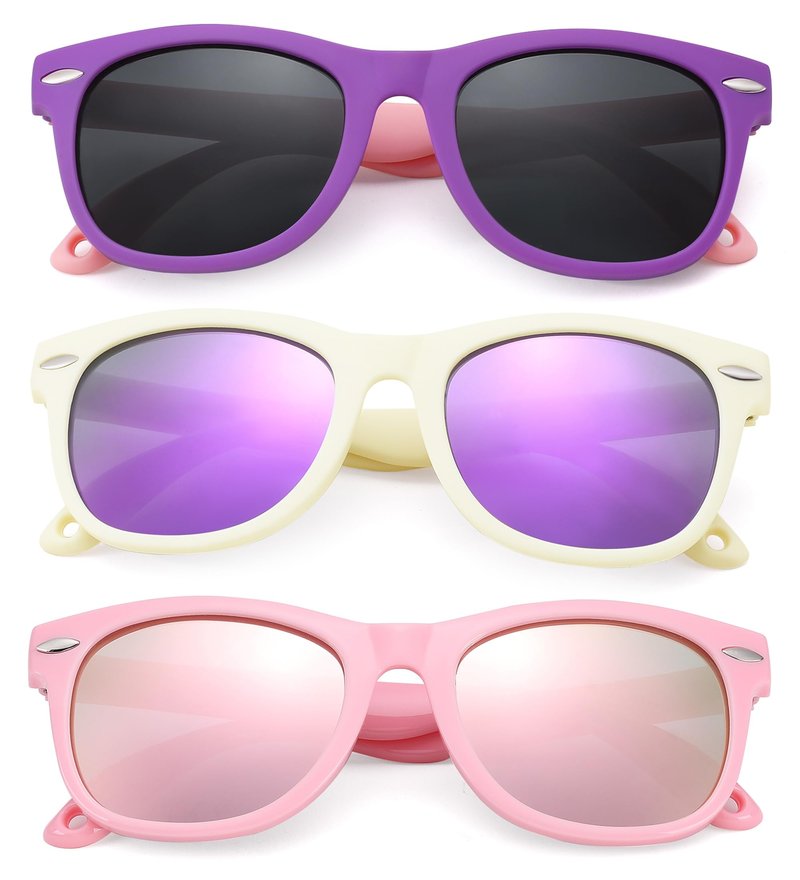 NULOOQ Polarized Baby Sunglasses with Strap - Unbreakable Flexible Infant Sunglasses for Toddlers Age 0-24 Months (Purple Pink/Gray + Pink/Pink + White/Purple) - 3 Pack