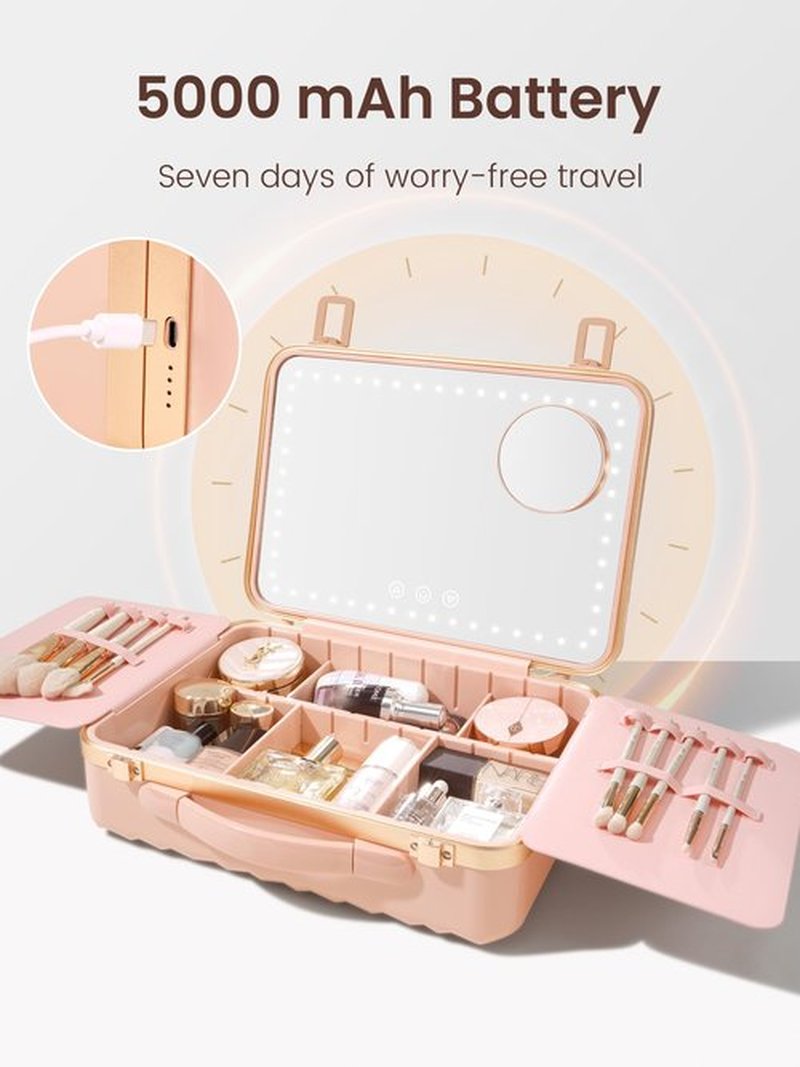 ROWNYEON Travel Makeup Case With Light Up Mirror Removable divider Portable Train Case Organizer Makeup Box for Girls Makeup Artist, Makeup Tools, Hairstylist Travel Makeup Case with 10x Mirror (Pink)