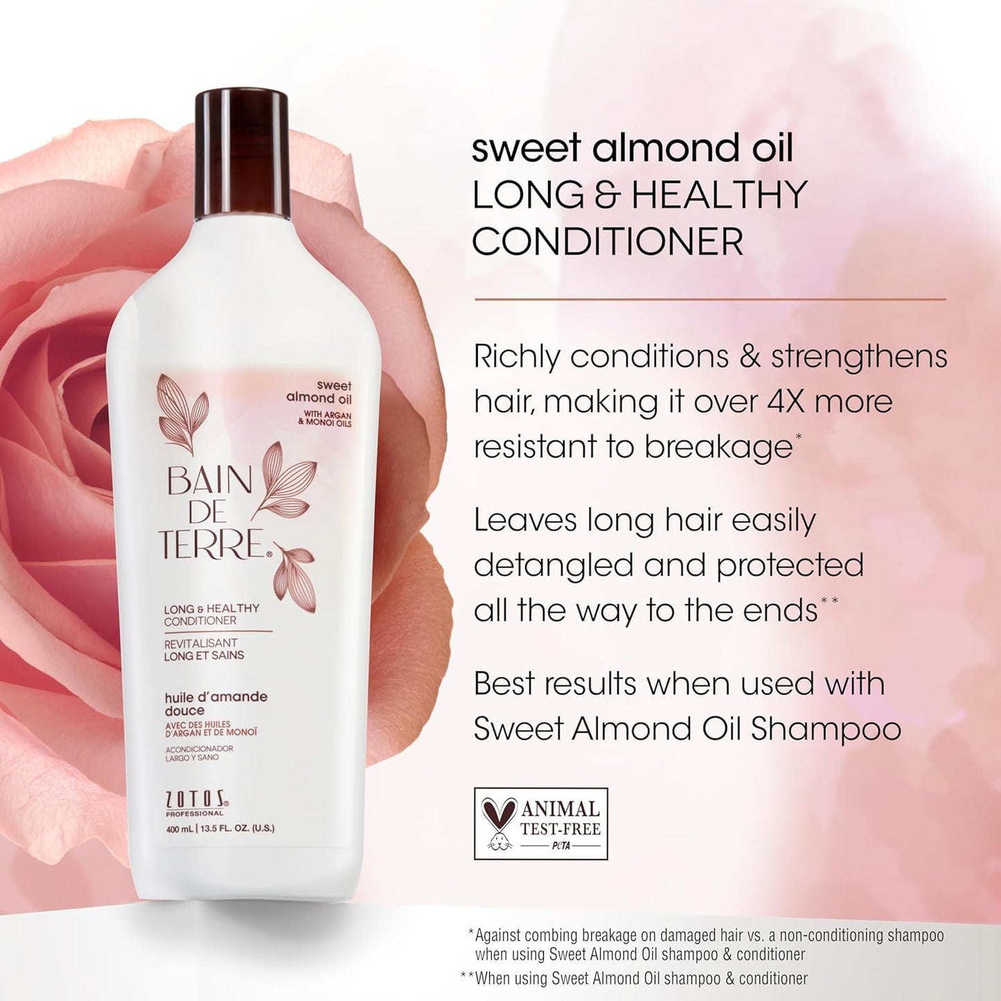 Bain de Terre Sweet Almond Oil Long & Healthy Shampoo, Strength & Protection for Weak, Damaged Hair, with Argan & Monoi Oils, Paraben-Free, Color-Safe, Vegan