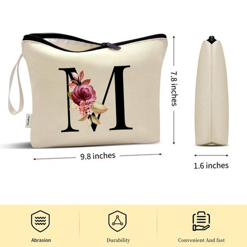 Vavabox A-Z Personalized Makeup Bag,Birthday Gifts for Women Mom,Gifts for Best Friend,Bride Bridesmaid Cosmetic bag (M, Cream)