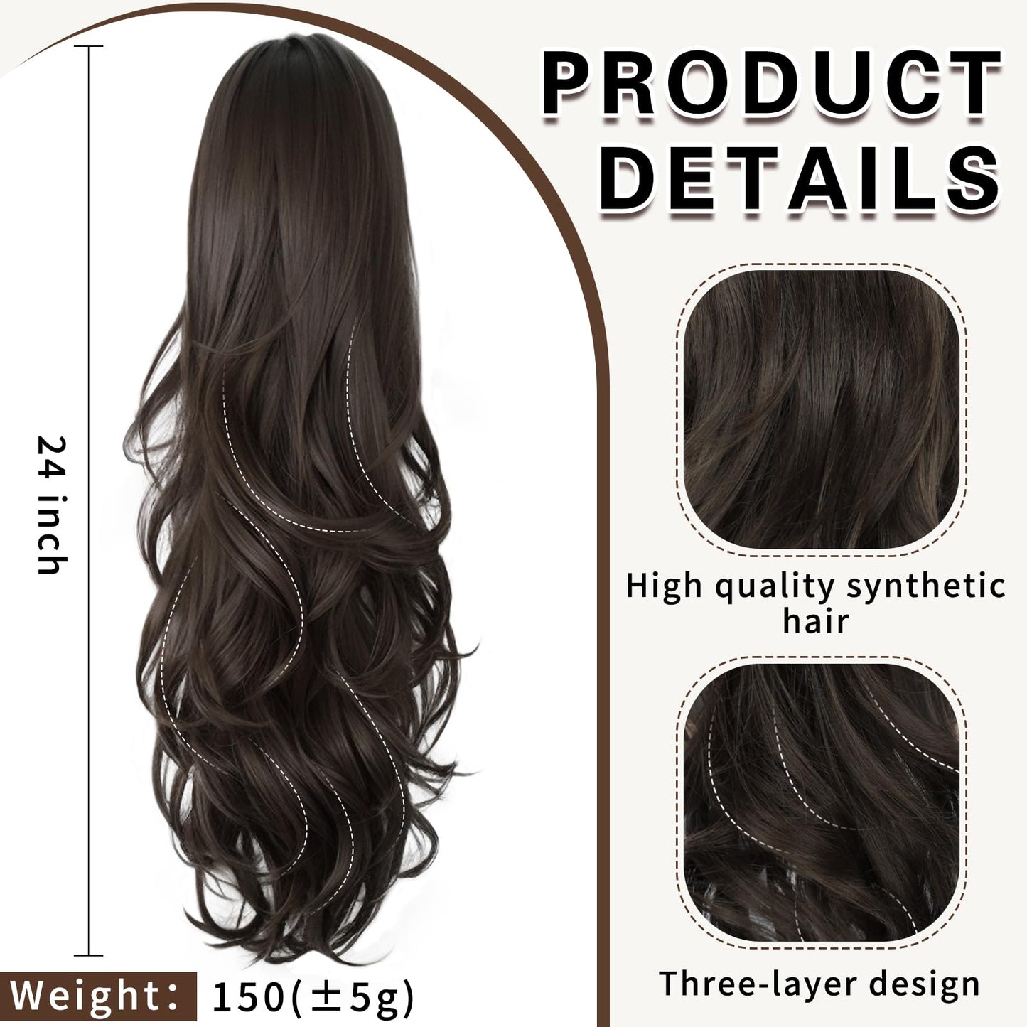 SHNMIN Ponytail Extension, Drawstring Ponytail Extension for Women 24 Inch Long Wavy Pony Tails Clip in Ponytail Hair Extensions Synthetic Layered Ponytail for Daily Use