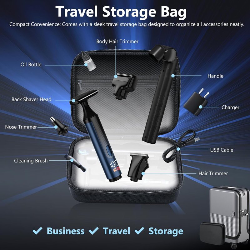 Men's Back Shaver - Ultra-Wide 2" T-Shaped Head, LED Display, Travel Case | IPX7 Wet/Dry, Safety Lock, Space Silver