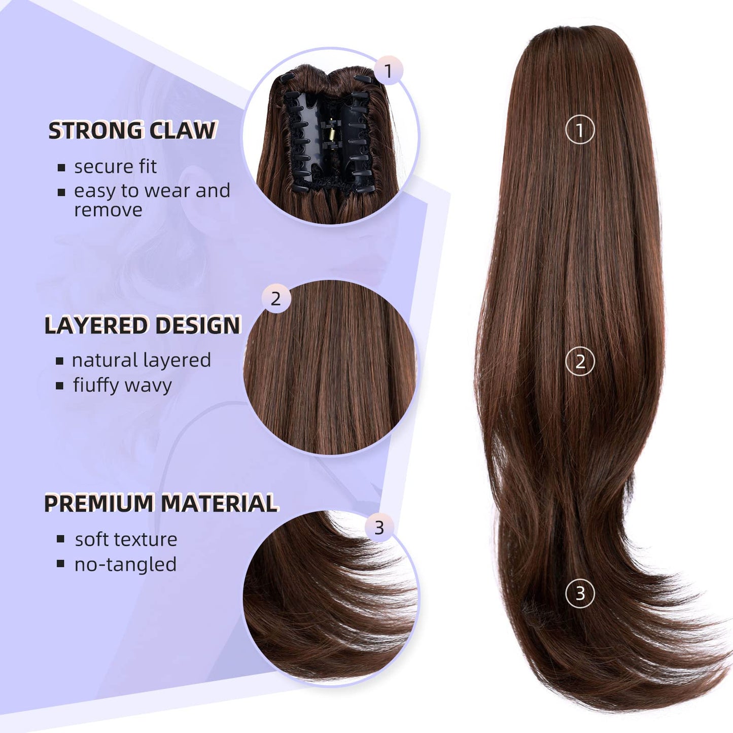 ShulaSHOP Brown ponytail extension,20" clip ponytail hair extensions ponytail curly claw hair ponytailExtension Natural Looking Synthetic Hairpiece for Women