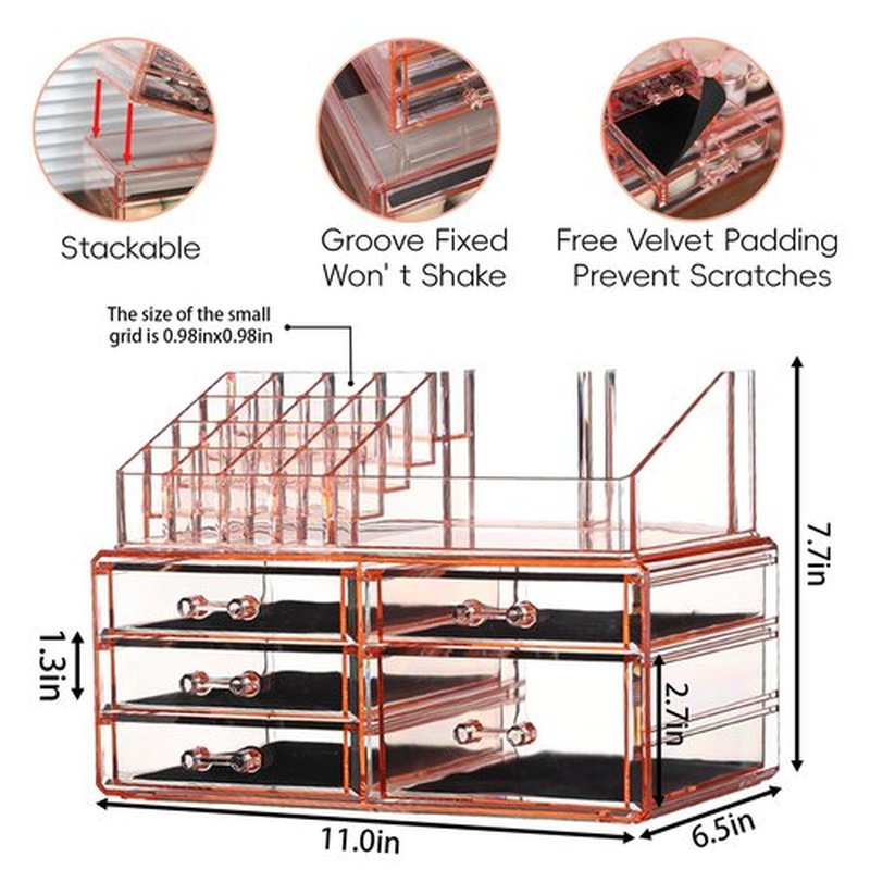 Cq acrylic Vanity Organizer and Storage,Stackable Make Up Organizers for Counter,Storage 5 Drawer With Brush Holder and Perfume Tray,Multi-function Acrylic Drawer for Vanity Bathroom Countertop,Pink