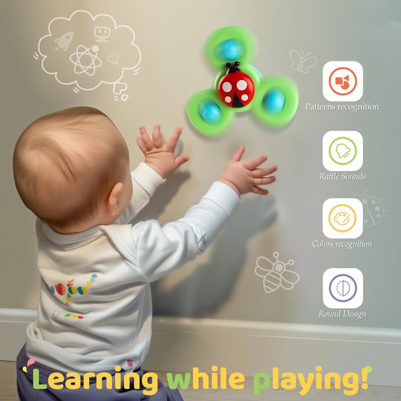 ALASOU 3PCS Suction Cup Spinner Toys for 1 Year Old Boy Girl|Spinning Top 12 18 Months|1 2 Year Old Boy Birthday Gift|Baby Bath Toy for Kids Ages 1-3|Sensory Airplane Travel Toy for Infant Toddlers