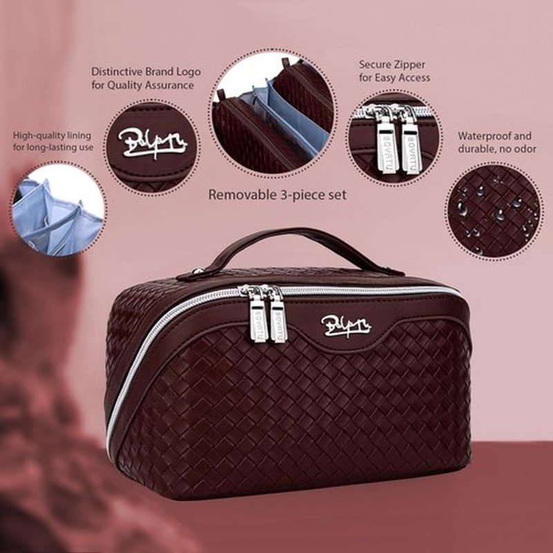 BOYATU Makeup Bag Travel Cosmetic Case: Large Capacity Woven Cosmetic Bag Organizer - Portable Toiletry Bags with Handle for Women 1-Z-wine red