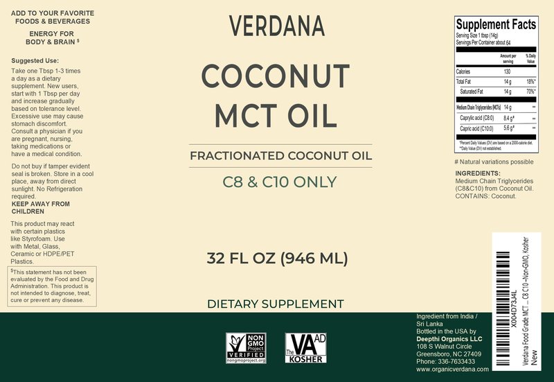 Verdana Food Grade MCT Oil 32 oz – For Keto Coffee, Unflavored Natural Oil Pulling Mouthwash & Massage - 100% Coconut Derived Fractionated Oil – Medium Chain Triglycerides C8 C10 –Non-GMO, Kosher