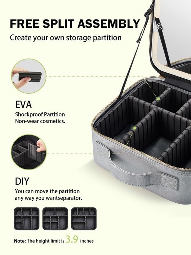 MIRRORNOVA Travel Makeup Bag with Lighted Mirror,Makeup Train Case with Adjustable Dividers and 3 Light Modes, PVC, Silver