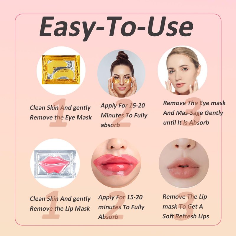 32 Pairs Eye Masks & Lip Masks, 24K Gold Gel Crystal Collagen Eye Patches for Puffy Eyes, MoisturizingLip Mask Pink Lip, Anti-Aging Eye andLip Masks for Reducing Fine Lines & Dark Circles