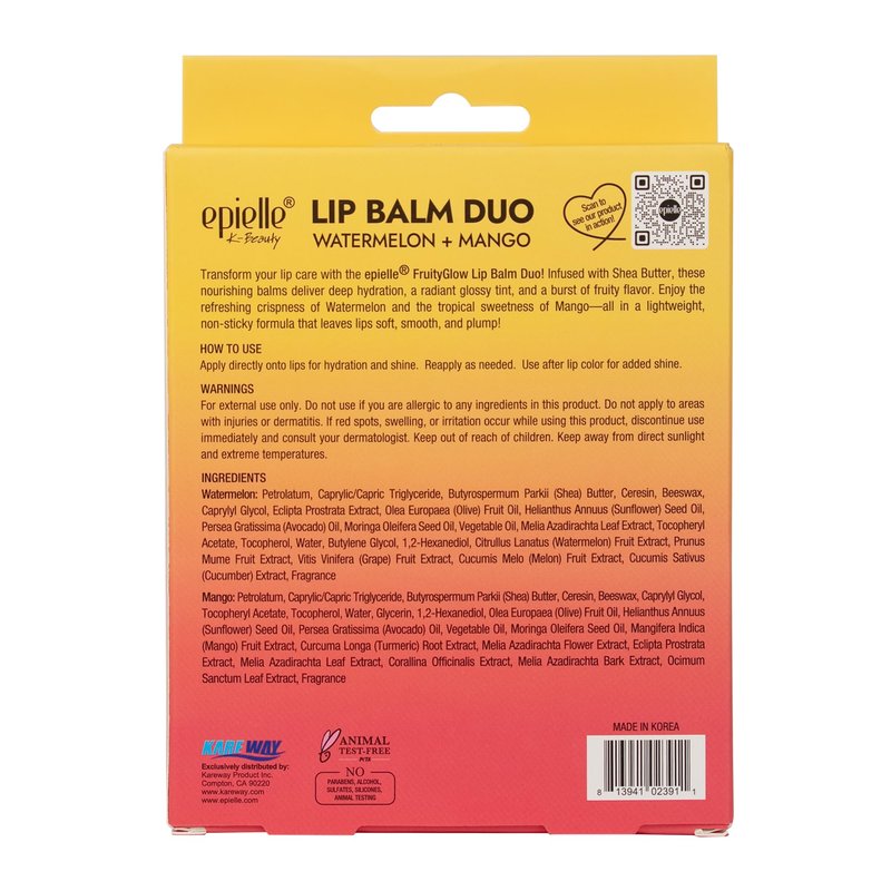Epielle Lip Balm Duo Watermelon & Mango, Hydrating Tint Sheer, Shea butter & Fruit Extract, Kbeauty, Stocking Stuffers