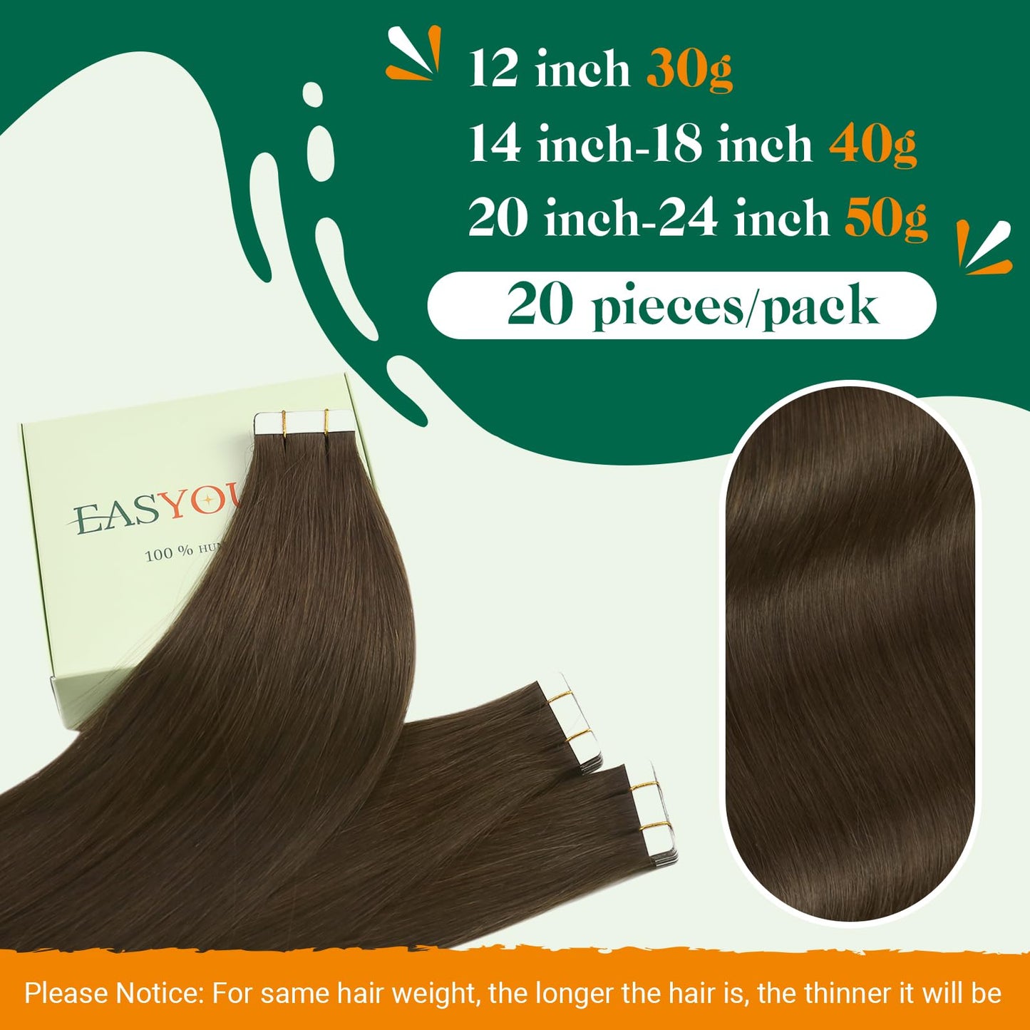 Easyouth Tape in Hair Extensions Human Hair Brown Tape ins Human Hair Extensions Darkest Brown Real Hair Tape in Extensions Human Hair Straight 12 Inch 30g 20pcs #2