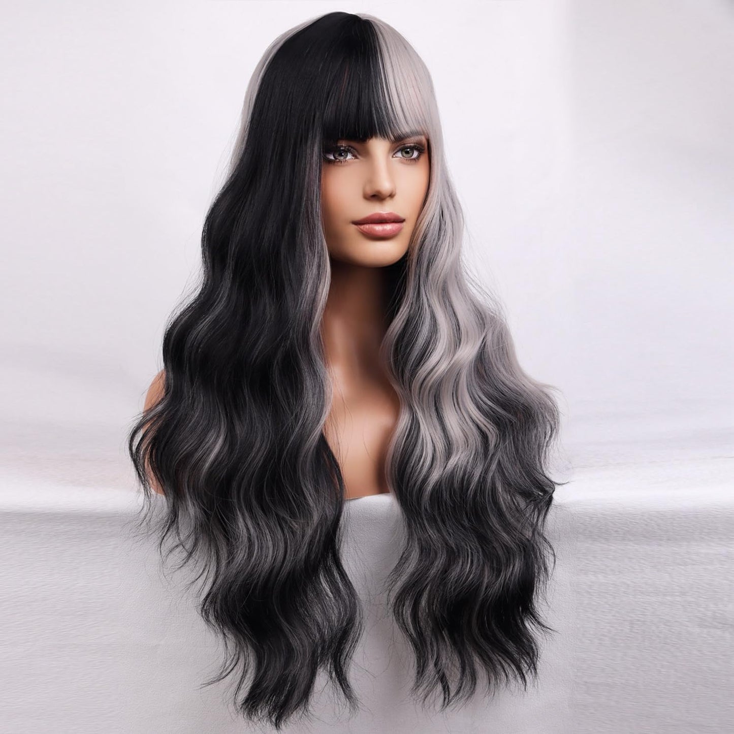 BERON 26 Inches Silver Grey Black Highlight Wig with Bangs Split Dye wig Long Wavy Synthetic Wig Light Grey Black Ombre Wigs for Daily Party