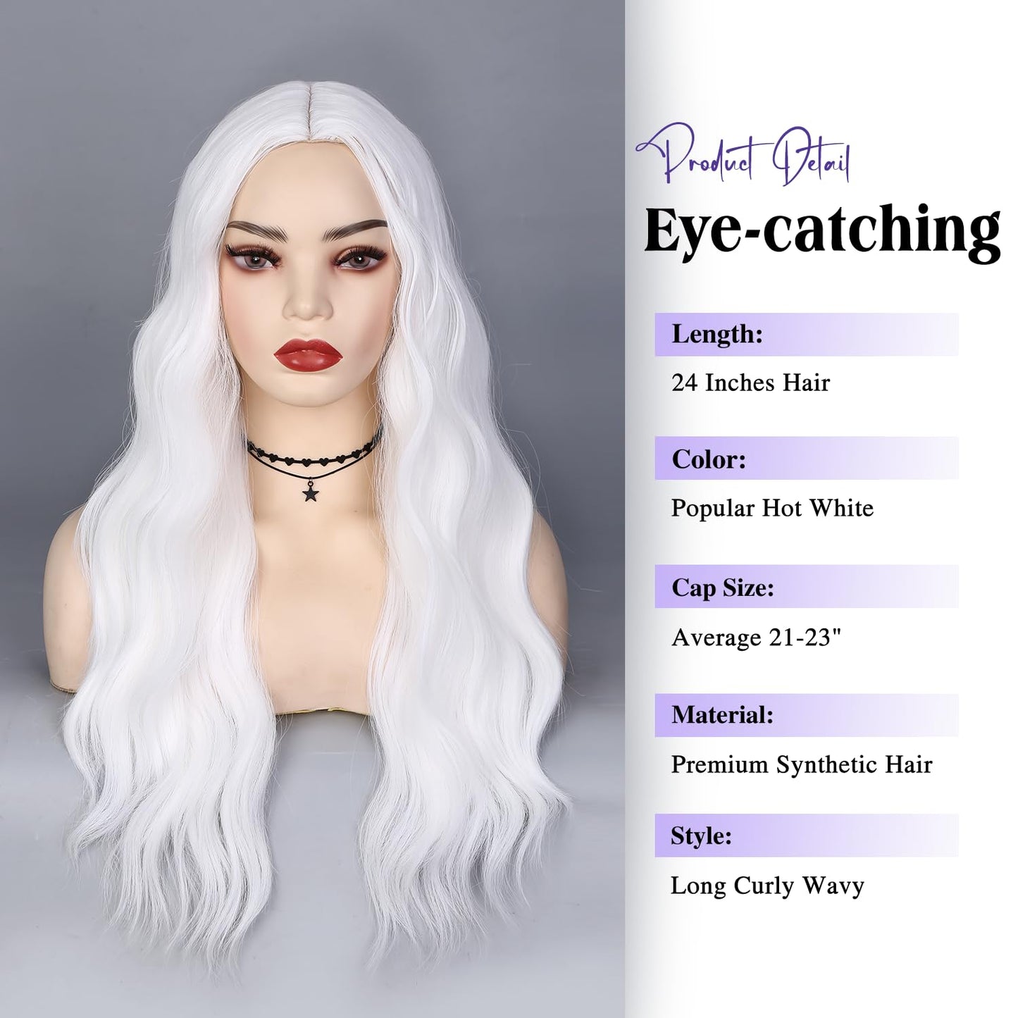 Fancy Hair Long White Wigs for Women White Long Curly Wavy Wig Middle Part Synthetic Wig White Wig for Daily Halloween Cosplay 24 Inches