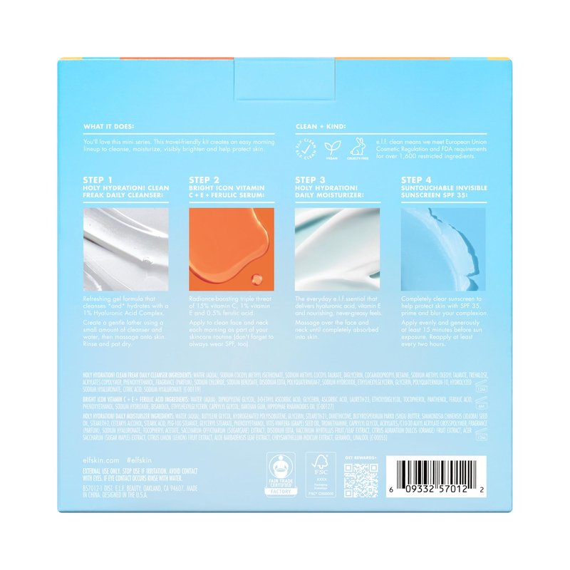 e.l.f. SKIN Wake the e.l.f. Up Skincare Kit, Travel-Size Hydrating Face Cleanser, Sunscreen, Moisturizer & Brightening Serum, Vegan & Cruelty-Free