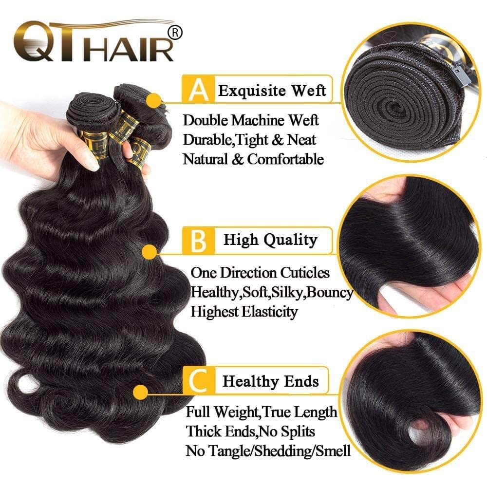 QTHAIR 14A Brazilian Body Wave with Closure 100% Unprocessed Brazilian Virgin Hair 2 Bundles with Free Part Closure Natural Black Body Wave Human Hair Bundles With Closure(12 12 with 10inch)
